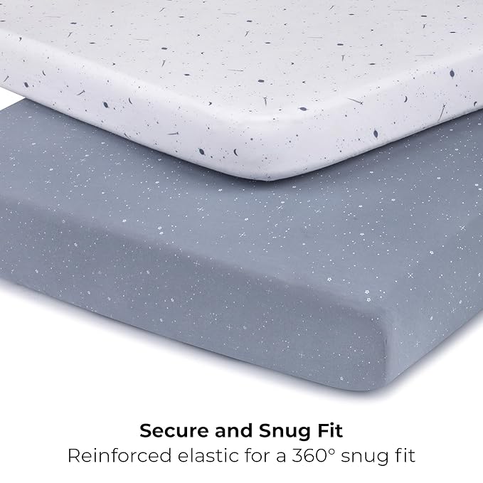 Ely’s & Co. Pack and Play Sheets, for Mini/Portable Crib, 2 Pack Fitted Playpen Play Yard Sheet Set Compatible with Graco Pack n Play, for Baby Boys, 100% Cotton, Celestial Blue Print, 38”x24”x5”