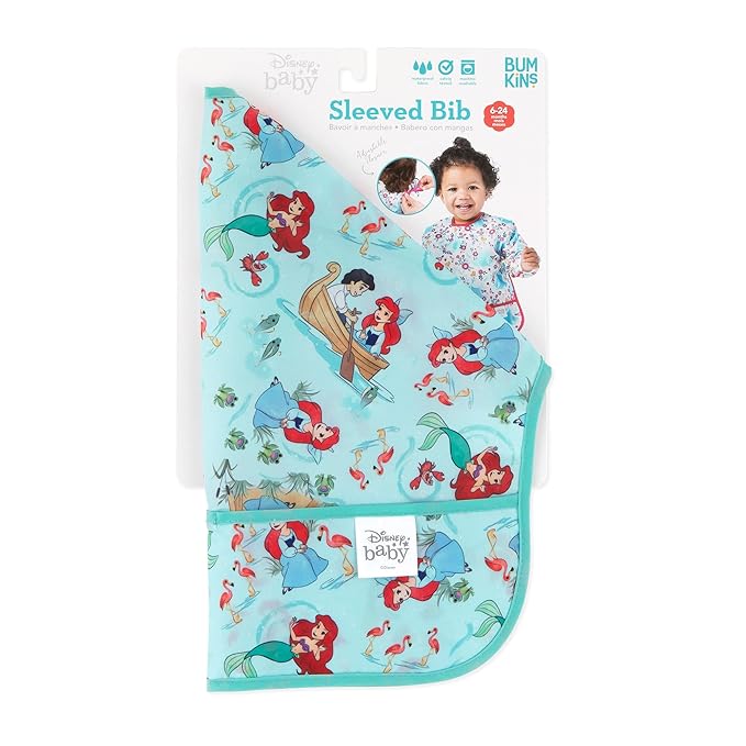 Bumkins Disney Sleeved Bib for Girl or Boy, Baby and Toddler for 6-24 Mos, Essential Must Have for Eating, Feeding, Baby Led Weaning Supplies, Long Sleeve Mess Saving Food Catcher, Soft Fabric, Ariel