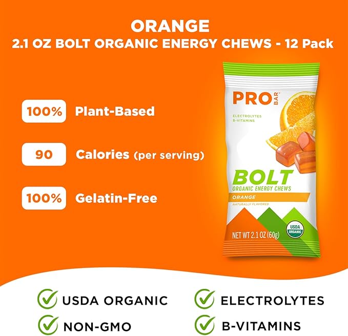 PROBAR - BOLT Organic Energy Chews, Orange, Non-GMO, Gluten-Free, USDA Certified Organic, Healthy, Natural Energy, Fast Fuel Gummies with Vitamins B & C (12 Count)