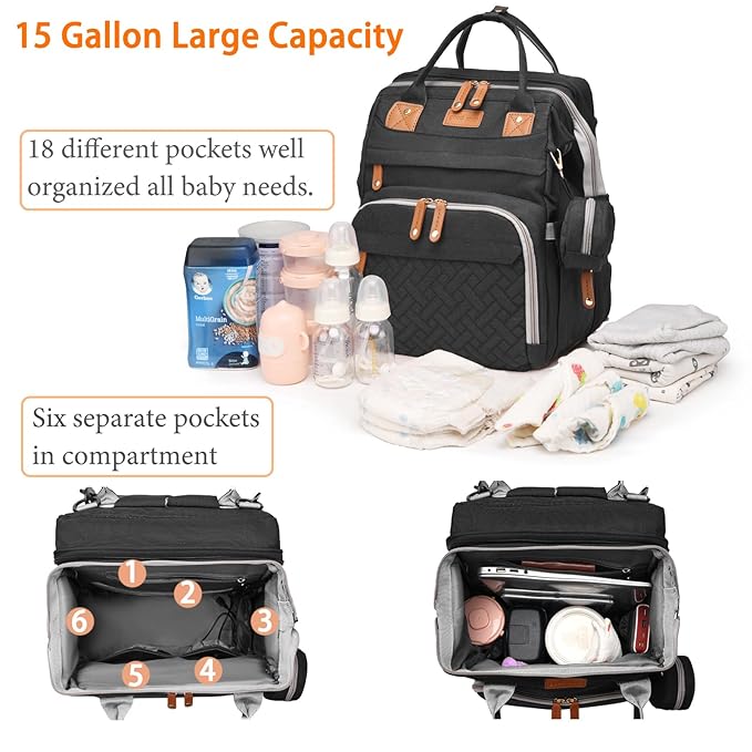 Baby Diaper Bags with Changing Station, Waterproof Diaper Bag Backpack for Moms Dads with USB Charging Port, Baby Shower Gifts, Large Capacity diaper backpack, Black