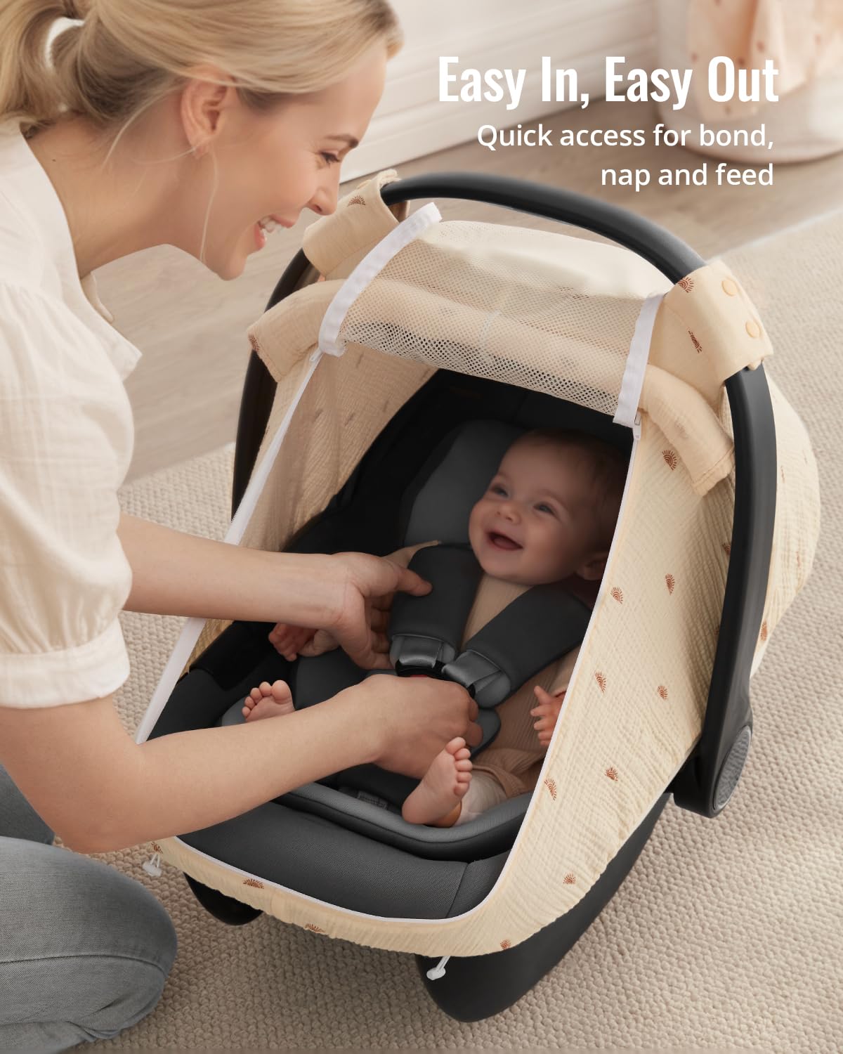 Blissful Diary Baby Car Seat Cover, Extra Large Mesh Window, Breathable Muslin Cotton, Infant Windproof Canopy, Must-Have Baby Gift - Roman Green