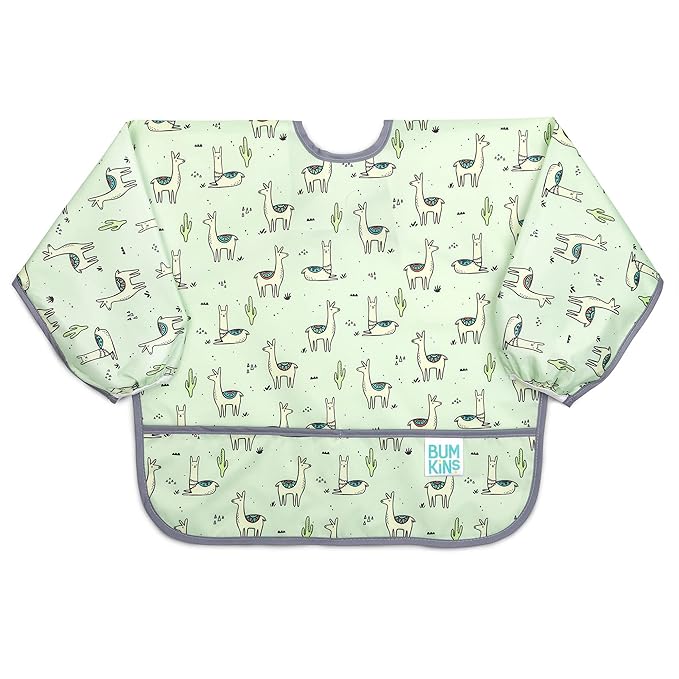 Bumkins Sleeved Bib for Girl or Boy, Baby and Toddler for 6-24 Mos, Essential Must Have for Eating, Feeding, Baby Led Weaning Supplies, Long Sleeve Mess Saving Food Catcher, Soft Fabric, Llama Green