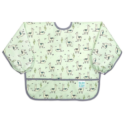 Bumkins Sleeved Bib for Girl or Boy, Baby and Toddler for 6-24 Mos, Essential Must Have for Eating, Feeding, Baby Led Weaning Supplies, Long Sleeve Mess Saving Food Catcher, Soft Fabric, Llama Green