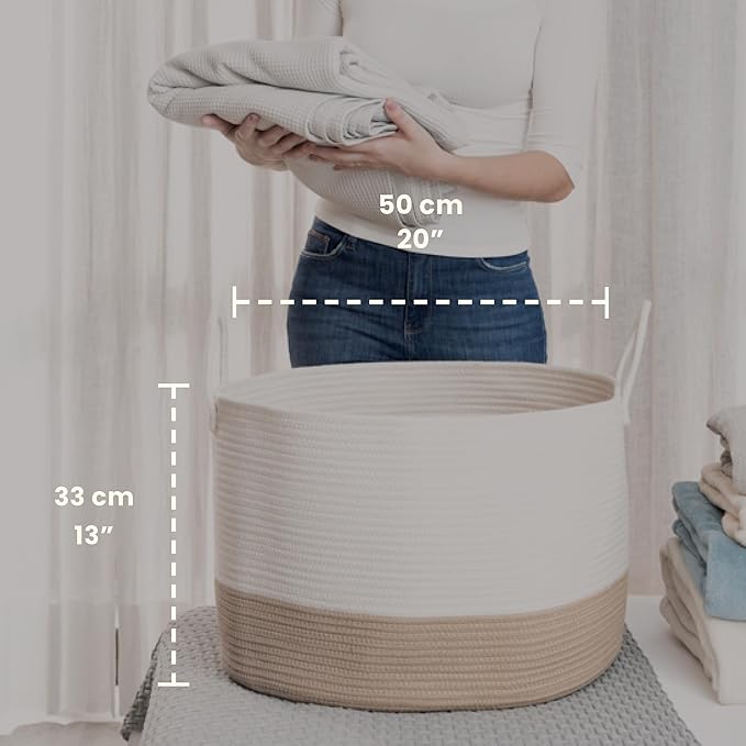 OrganiHaus Boho Woven Basket for Blankets and Laundry, Decorative Large Storage Bin for Living Room, Nursery Basket for Toys & Clothes, Soft Cotton Rope with Handles 20x13 inches - Off-White/Honey