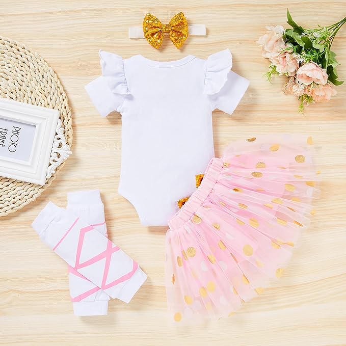 Newborn Baby Girl Outfits Infant Letter Print Romper+Tutu Skirt+Headband+Legging Warmer Coming Home Clothes Set