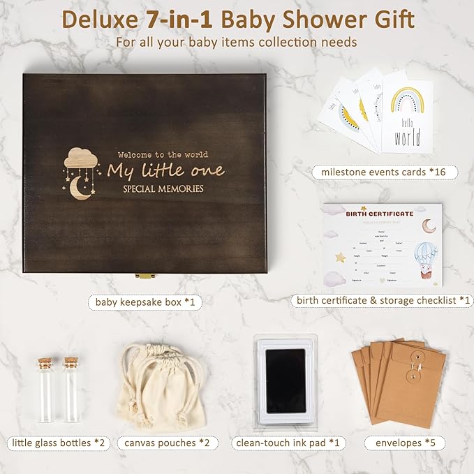 Baby Keepsake Box Wooden with 6 Additional Items - Baby Shower Gifts for Girls Boys New Mom, Newborn Essentials Must Haves Memory Box with Tooth Fairy Tooth Holder, Engraved with Guidelines, Large