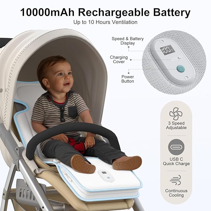 AMACOOL Baby Stroller Cooling Pad, 3D Breathable Carseat Cooling Pad with 2 Built-in Blower, Max 10H Ventilation 3 Speeds 10000mAh Rechargeable Cooling Mat Liner for Toddler Baby Summer Essentials