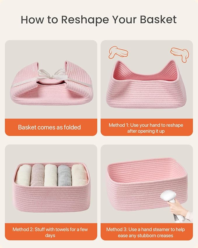 Small Woven Basket, 13.5 x 9.5 x 5 Inches, Storage Basket for Organizing, Cute Small Rope Shelf Closet Cube Storage Bins Baskets for Shelves, Dog Toy Gift Baskets Empty, 3 Pack Light Pink