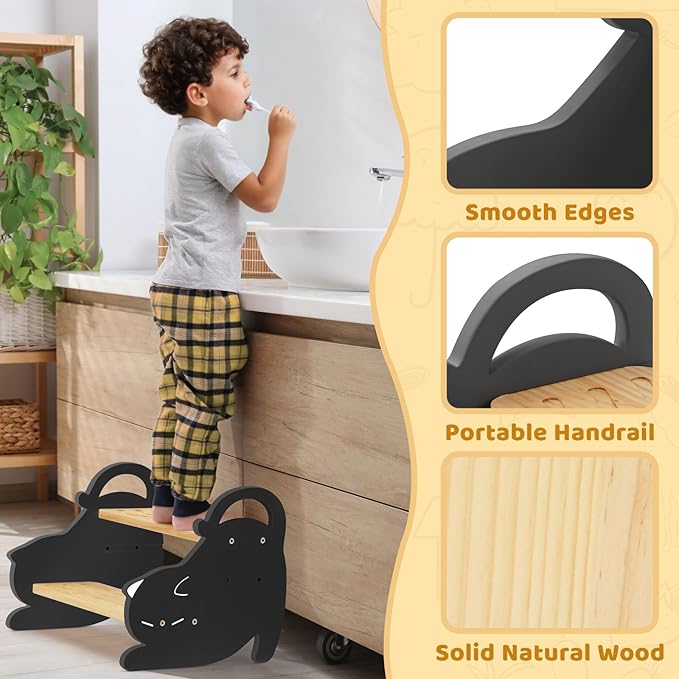 COSYLAND Wooden 2 Step Stools for Kids - Height Adjustable Toddler Stepping Stool with Non-Slip Surface - Portable Stool with Handles for Bathroom, Kitchen, Bedroom, 220 Lbs Capacity (Natural & Grey)