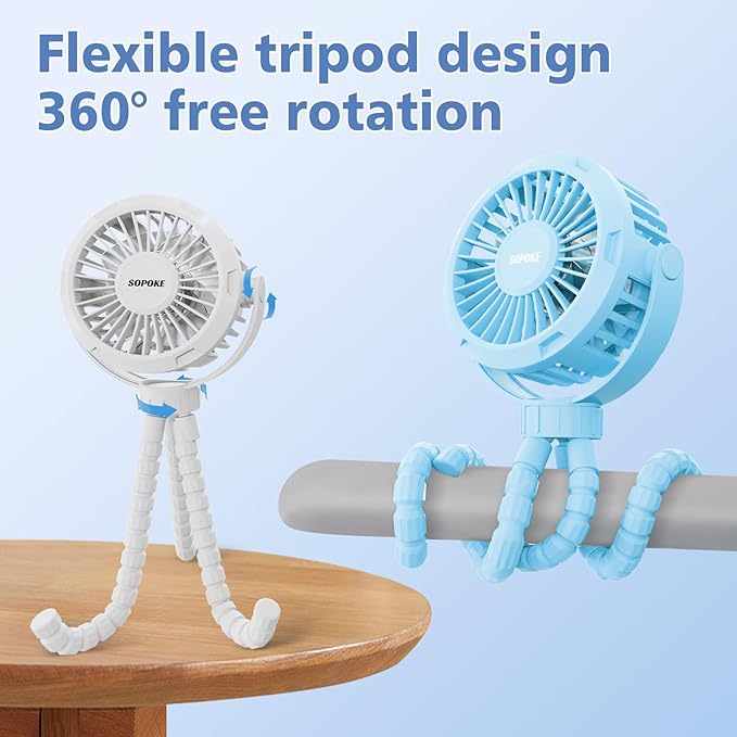 Mini Portable Baby Stroller Fan,3 Speed Personal Handheld Fan,Battery Operated Rechargeable 360° Flexible Tripod Cooling Fan, Suitable for Car Seat Crib Treadmill Golf Cart Travel(Black)