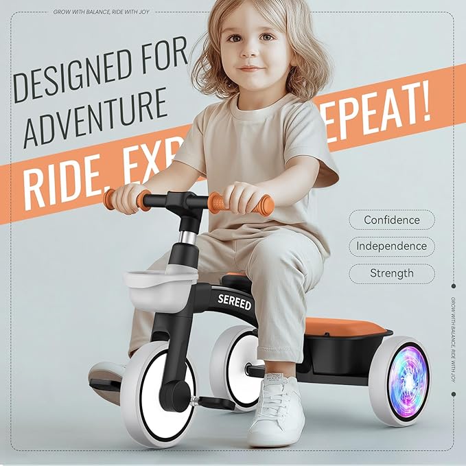 SEREED Colorful Lighting Toddler Tricycle for 2-5 Years Old Boys, Adjustable Seat&Handlebar Trike, Removable Basket, Birthday Gift Idea for Kids Ages 2+ (Black)