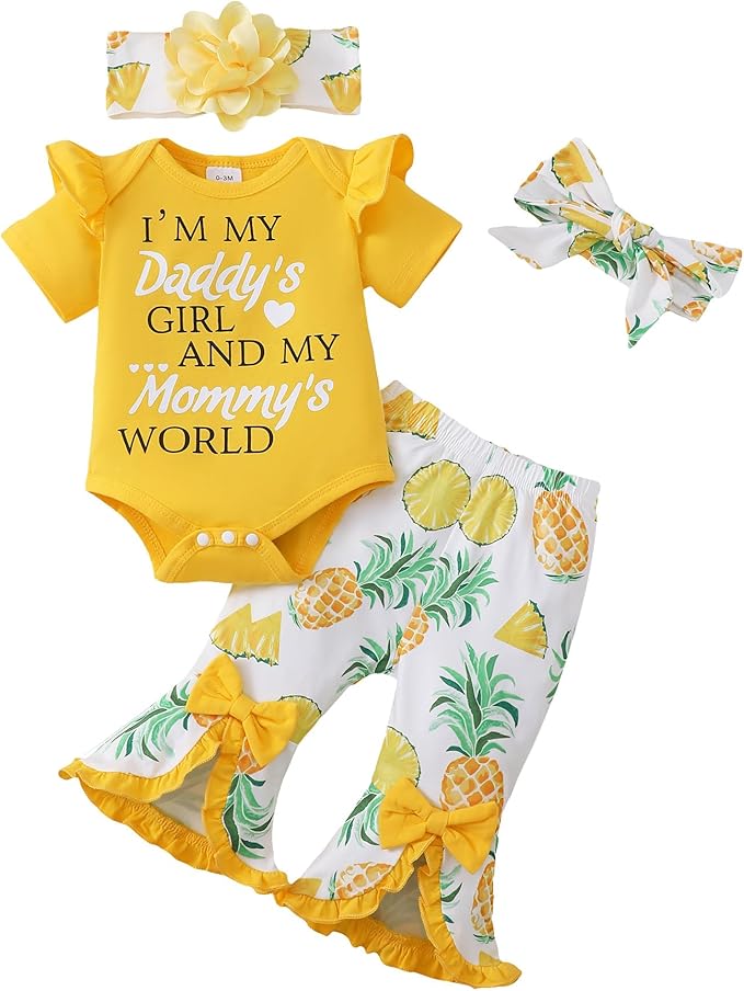SUNNY PIGGY Newborn Baby Girl Clothes Infant Outfits Romper Floral Fall Outfit Bell Bottoms Pant Sets Hat Headband Flowerpant