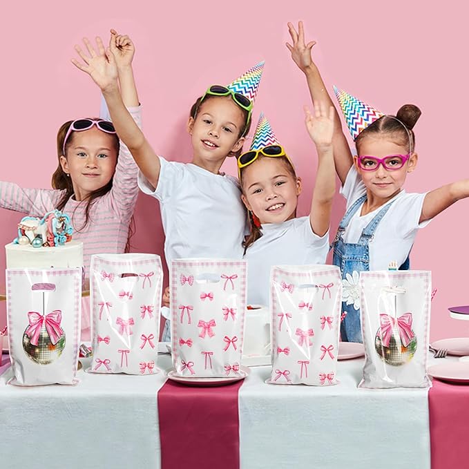 Pink Bow Party Favor Bags - 50Pcs Coquette Bow Themed Goody Candy Treat Gifts Bags, Trendy Preppy Pink Theme Party Decorations for Kids Girls Women Birthday Wedding Bridal Shower Bachelorette Supplies