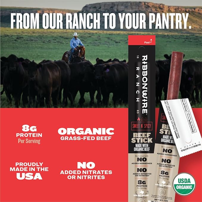 Ribbonwire Ranch Beef Sticks, Made with Organic Beef, Pasture Raised, High Protein Snack, Healthy, Low Carb, Keto Friendly, Gluten Free, Nitrate Free, On the Go, 1 Oz Sticks, Sweet N' Spicy, 24 Pack