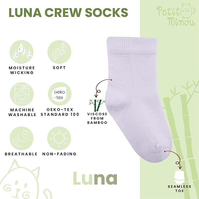 Luna Seamless-Toe Viscose from Bamboo Crew Socks - Soft Eco-Friendly 6-Pack Baby & Toddler Socks
