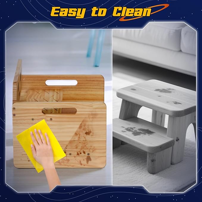 COSYLAND Robot Shaped Kids Step Stool with Handle - Height Adjustable 2 Step Stool for Toddlers - Stable Wooden Nursery Step Stool for Toilet Potty Training, Bathroom, Kitchen (Natural)