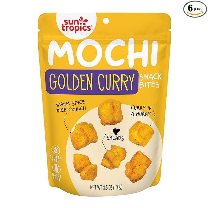 Sun Tropics Mochi Snack Bites, Golden Curry Flavor- 3.5 oz (6 Pack) | Crispy Crunchy Mochi Bites, Rice Nuggets | Mochi Puff Rice Crackers- Gluten Free & Dairy Free- No MSG Added | Asian Rice Snacks