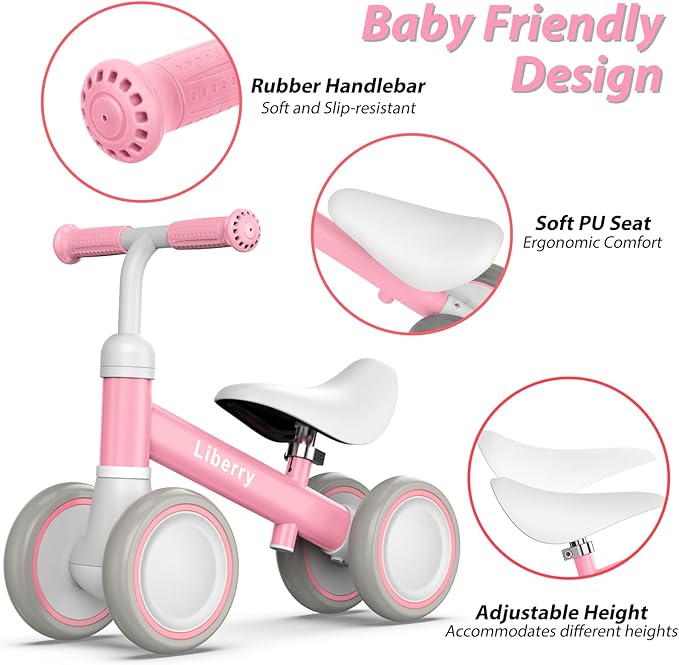 Liberry Baby Balance Bike for 1 Year Old Girls, 4 Wheels Toddler Balance Bike with Adjustable Seat, 12-24 Months Infant's First Birthday Gift (Pink)