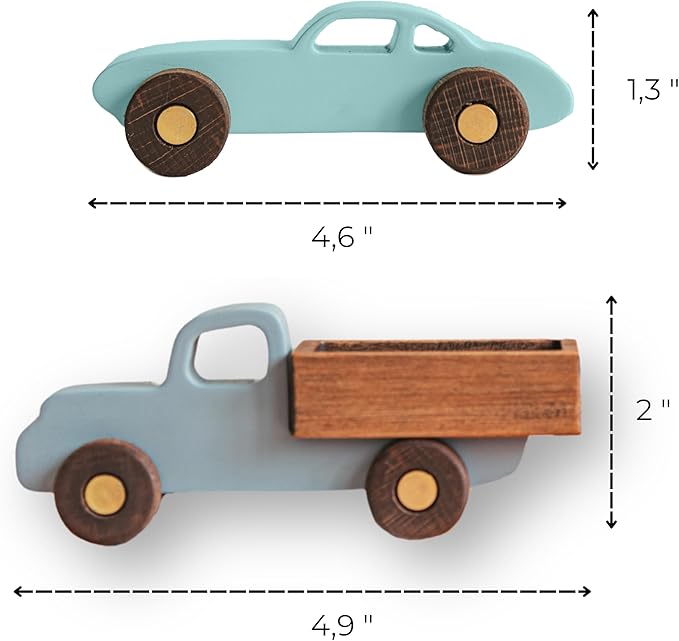 BUSY PUZZLE Colorful Wooden Toy Cars Set 2-Pack Truck and Car Durable Wooden Vehicles for Kids Montessori-Inspired Gift for Toddlers