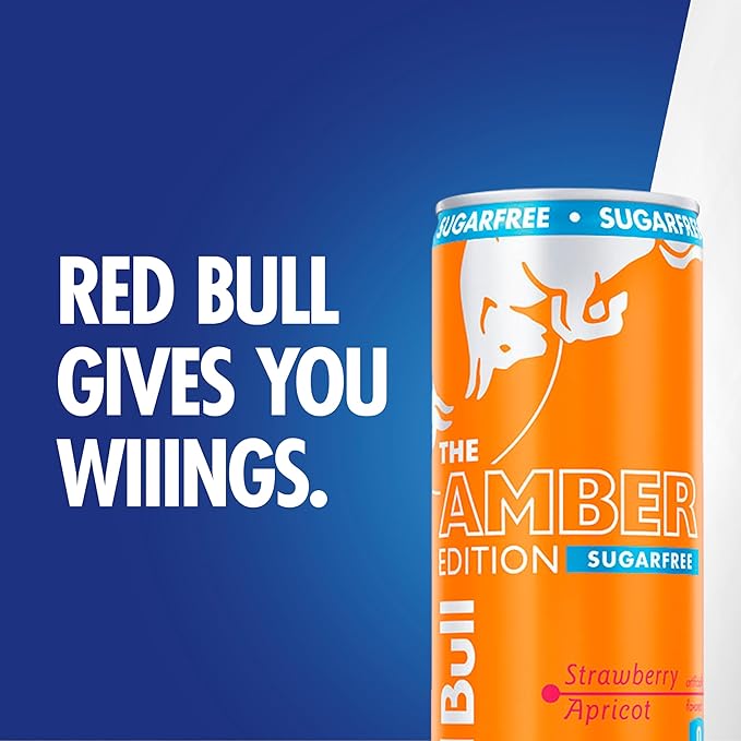 Red Bull Amber Edition Sugar Free Energy Drink, Strawberry Apricot, with 114mg Caffeine plus Taurine & B Vitamins, 12 Fl Oz, Pack of 24 Cans