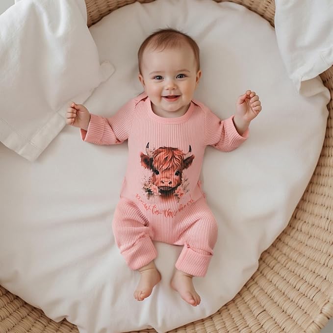 WZTYYDS Newborn Baby Girl Clothes Ribbed Romper Print Long Sleeve Jumpsuits Bow Headband Set Infant One-piece Outfits