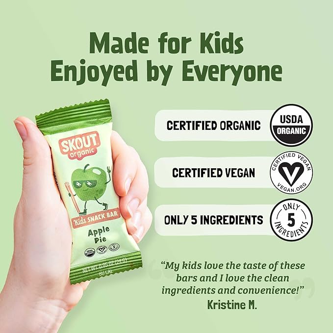 Skout Organic Apple Pie Kids Snack Bars (18 Pack) | Organic Kids Snack Bars | School Snacks & Lunch Snacks | No Refined Sugar | Vegan & Paleo | Gluten, Dairy, Grain, Peanut Free