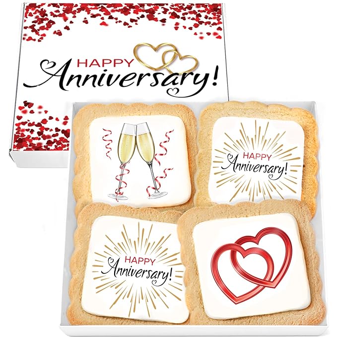 Happy Anniversary Cookies 4 PACK Gift Basket for Kids Men Women | Decorated Sugar Cookie Gift Box | Individually Wrapped Party Favors Nut Free