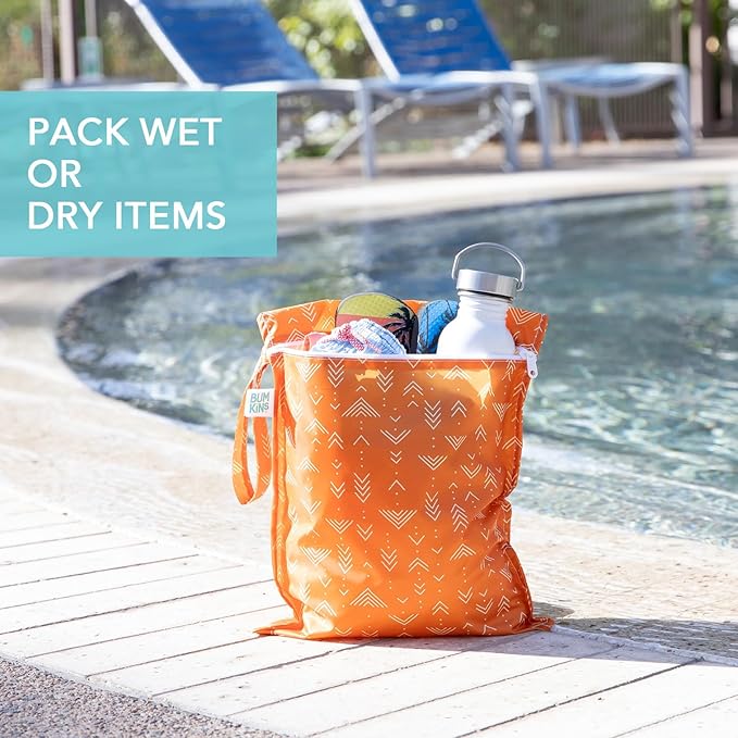 Bumkins Waterproof Wet Bag for Baby, Travel, Swim Suit, Cloth Diapers, Pump Parts, Pool, Beach, Gym Clothes, Toiletry, Hook to Stroller, Daycare, Zipper Reusable Wetdry Packing Pouch, Boho Orange