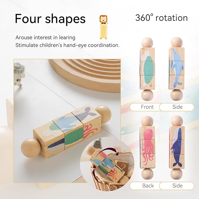 Promise Babe Wooden Animal Puzzle Toy for Toddlers 1-3, Rotating Spin Twist Blocks Set of 2, Learning Educational Montessori Toy Gifts for Kids Boys Girls, Whale and Fox