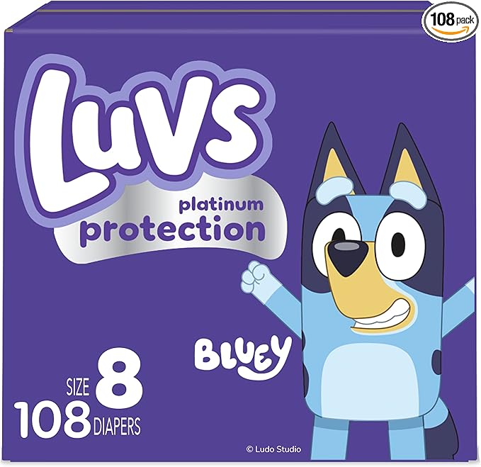 Luvs Size 8 Baby Diapers, Platinum Protection Bluey Diapers for Day & Night,Size 8, 108 Count