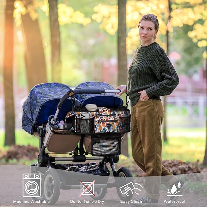 TOPDesign Universal Baby Stroller Organizer, Double Stroller Caddy with Detachable Mesh Bag & Heightened Insulated Cup Holders & Non-Slip Secure Hooks Accessories, Fits Most Strollers (Zoo)