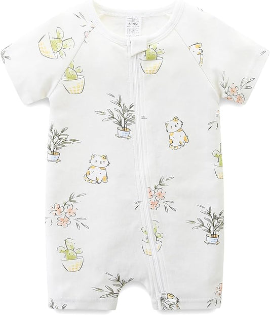 Baby Boy Girl Romper Short Sleeve 100% Cotton Bodysuit Outfits 2 Way Zipper Jumpsuit