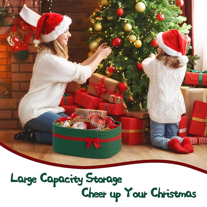 OIAHOMY Christmas Basket with Gift Bags and Ribbons, Woven Storage Basket for Decorations, Nursery, Pets - Green