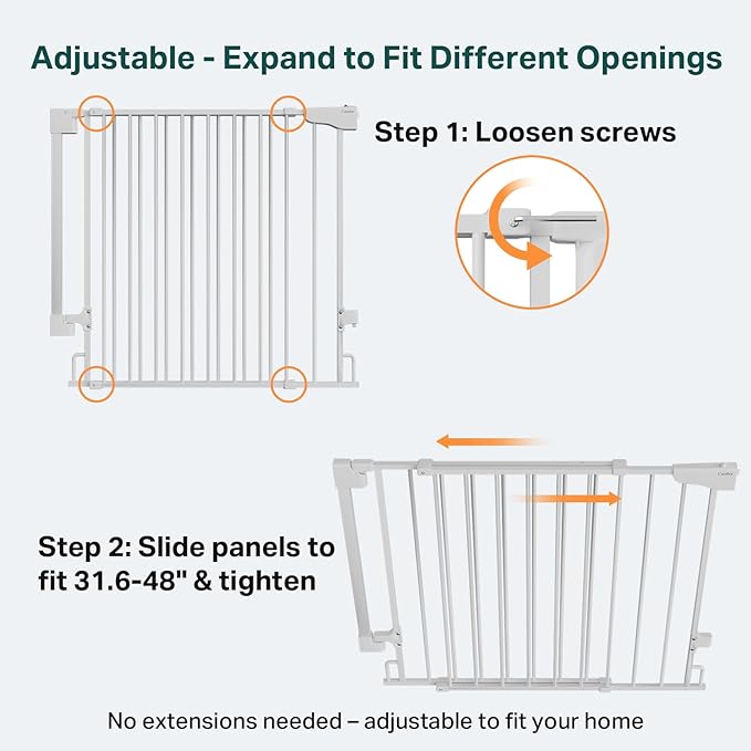Cumbor Expandable 31.6-48" Baby Gate for Stairs, Wall-Mounted, 2-in-1 No Bottom Bar Dog Gate Indoor, Auto Close Pet Gate for Doorways with Large Walk Thru Door, Child-Proof Gate for Kids (White)