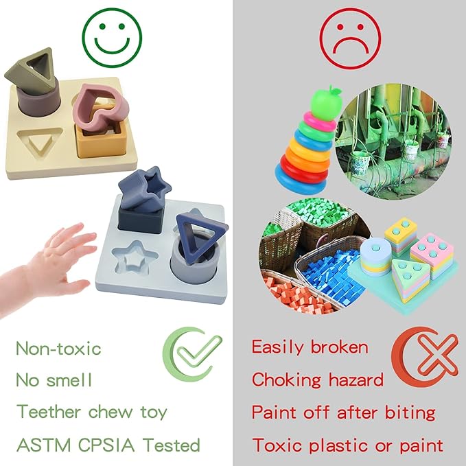 Baby Soft Nesting Sorting Stacking Toys Silicone Teething Blocks Shapes Recognition Learning Development Toys for Toddler 3+ Months(Beige)