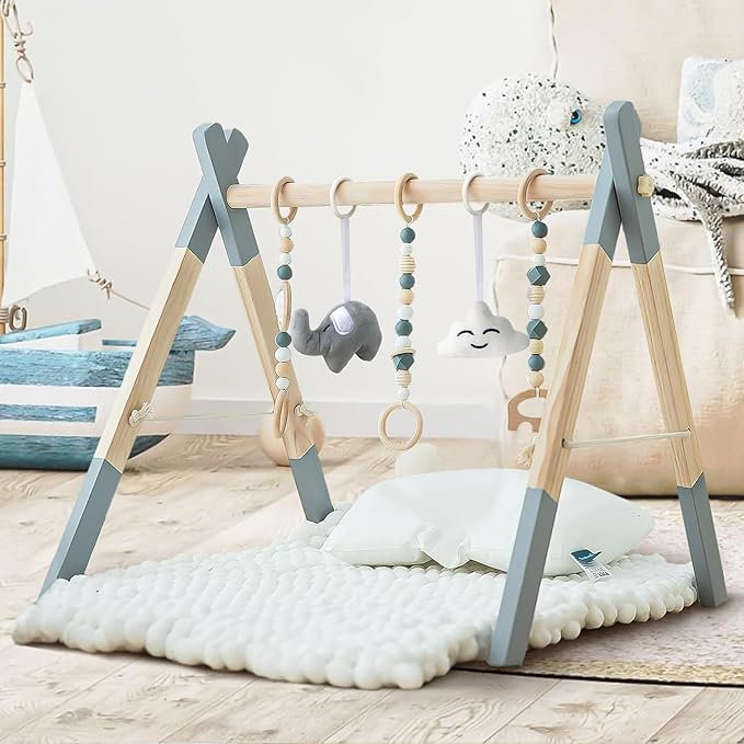 Wooden Baby Play Gym Foldable Gym Frame Activity Gym Hanging Bar with 5 Toys Natural for Newborn Baby (Foldable Grey)