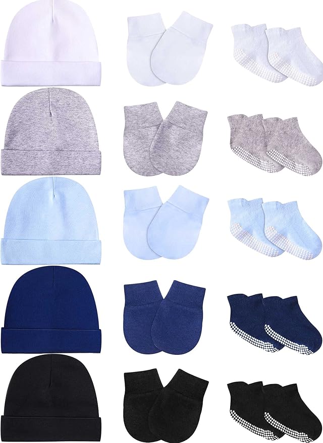 Baby Hats Mittens and Socks Set Unisex Cotton Beanie Cap and Scratch Mitten Non-Slip Baby Ankle Socks for Boys and Girls