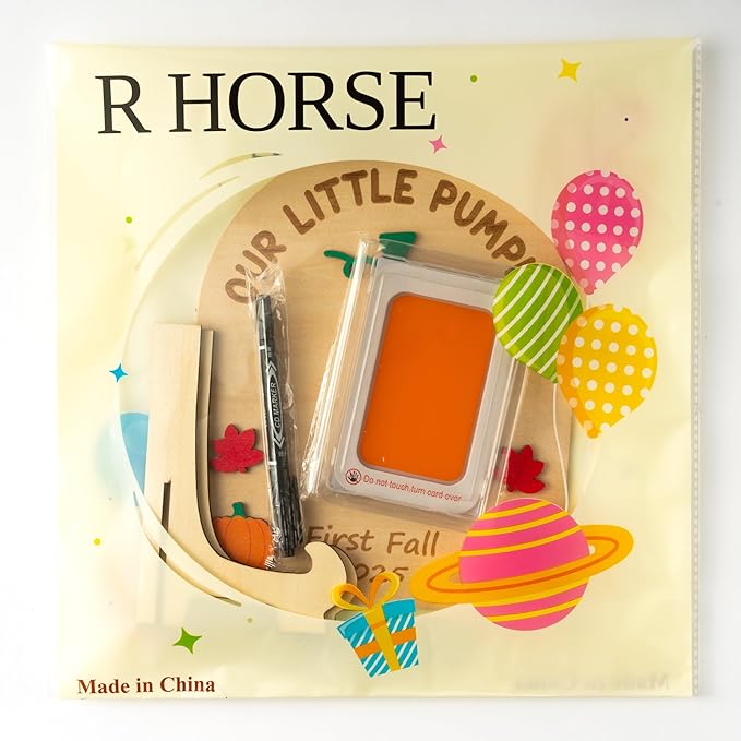 R HORSE Baby's First Fall Footprint or Handprint Art Sign Craft, Our Little Pumpkin DIY Wooden Hanging Decoration, Newborn Keepsake Gift for Baby First Fall Autumn Thanksgiving Baby Shower Photo Prop