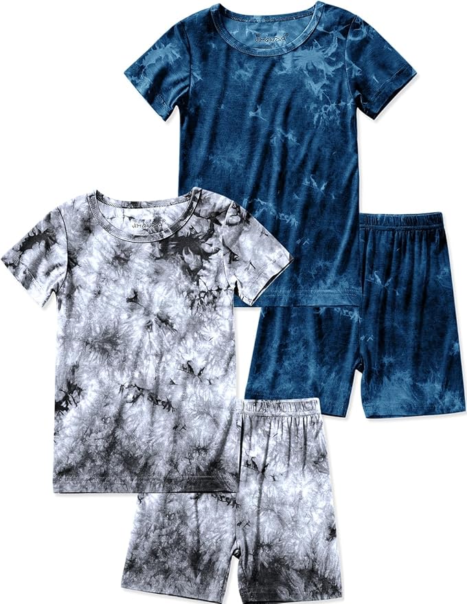 Jimonda Kids Soft Rayon From Bamboo Sleepwear Short Sleeve Boys Girls Pajama Outdoor 4-Piece tops&shorts Casual sets Tie PJ