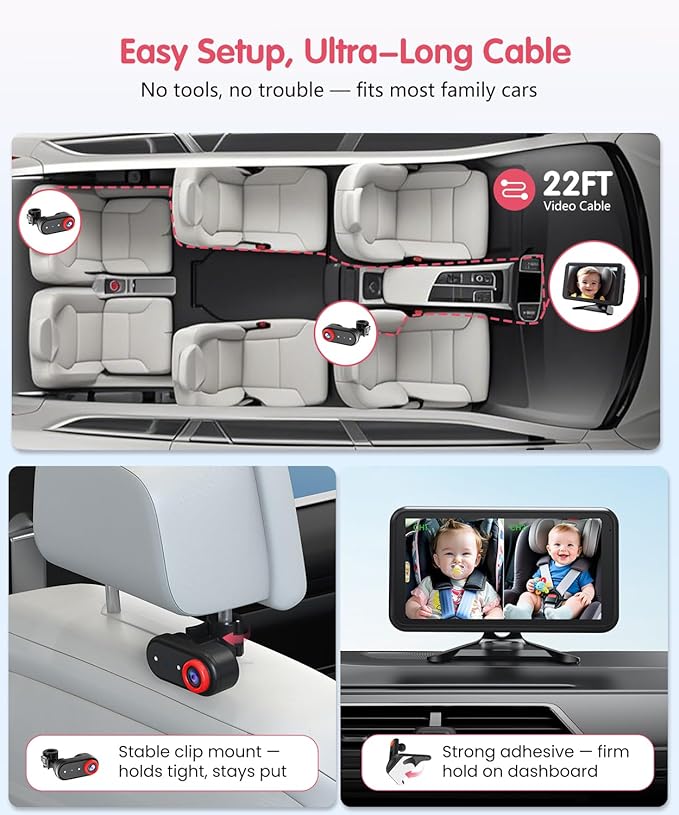 BM2 PRO Dual Baby Car Camera, 5.2" 1080P HD Display for Rear-Facing Car Seats, IR Night Vision, Anti-Shake Mount, Easy Install – Ideal for Parents with 2 Kids and Pets