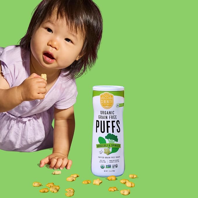 Serenity Kids 6+ Months Grain-Free Allergen-Safe Puffs for Toddlers & Babies - No Grains, Gluten, Nuts, Rice - Organic Veggies, Legumes, Olive Oil (1.5 Ounce (Pack of 6), Broccoli & Spinach)