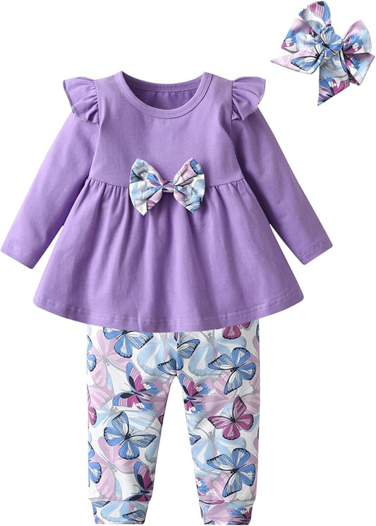 3PCS Baby Girl Clothes Ruffle Floral Shirt Tops Pants Headband Outfit Sets