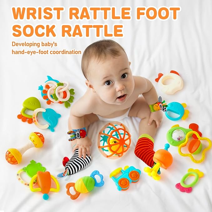 Baby Rattles 0-6 Months,Infant Sensory Teething Toys Set for 3-6 Months with Wrist Socks,Learning Developmental Toys,Perfect Baby Gift for 6-12 Months Newborn Boys Girls (Orange Rattle Set)