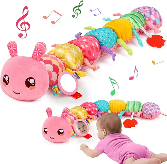 Baby Girls Toys 0-6 Month Music Animal Stuffed Caterpillar Toy for Infant 0-3 3-6 Months with Mirror Crinkle Rattle Tummy Time Sensory Toys for 3 4 5 6-12 Month Old Newborn Baby Shower Birthday Gifts