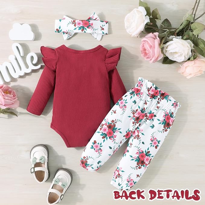 GDTOGRT Baby Girl Clothes Newborn Infant Outfits Ruffle Romper+ Floral Pants + Cute Headband Sets for Girls