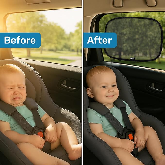 Enovoe Car Window Shades for Baby (4 Pack) - 21"x14" - Sun Shade Blocker, Cling - Glare Shield and UV Rays Protection for Your Child - Side Windows Screens for SUV- Mesh Window Shades for Car Baby