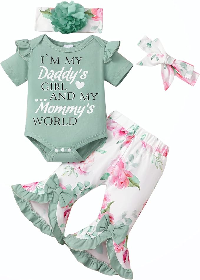 SUNNY PIGGY Newborn Baby Girl Clothes Infant Outfits Romper Floral Fall Outfit Bell Bottoms Pant Sets Hat Headband Flowerpant