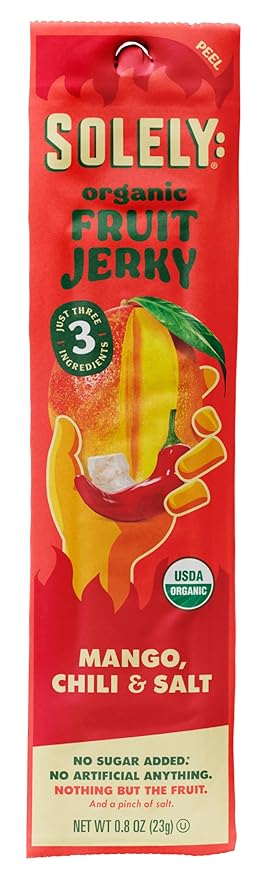 SOLELY - Organic Spicy Mango Chili and Salt Fruit Jerky - 1 Individually Wrapped Fruit Strip - Fruit Leather Made from Dried Fruit - Healthy Snacks for Adults & Kids - Vegan, Non GMO - 0.8oz (23g)