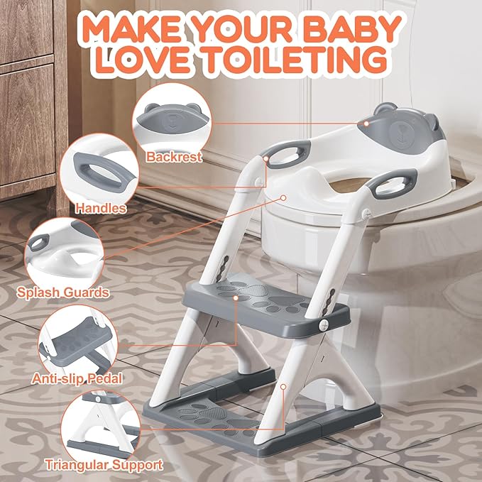 Potty Training Seat, SKYROKU Upgrade Toddler Toilet Seat for Kids Boys Girls, 2 in 1 Potty Training Toilet, Splash Guard Anti-Slip Pad Step Stool,New Sector-Shape Stabilized Base and heavier (Grey)