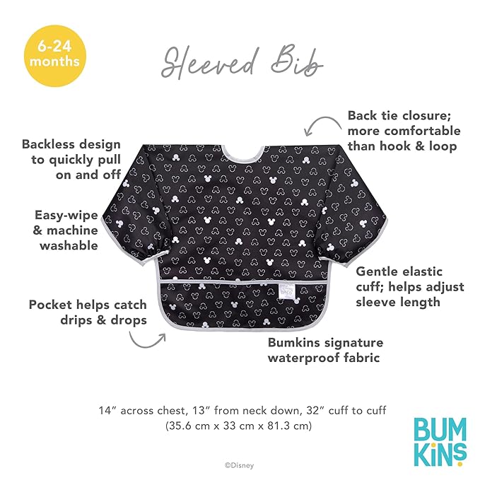 Bumkins Disney Bibs, Baby and Toddler Girls and Boys 6-24 Months, Long Sleeve, Essential Must Have for Eating, Feeding, Mess Saving Lightweight Waterproof Fabric Sleeved Smock, Mickey Mouse Icon